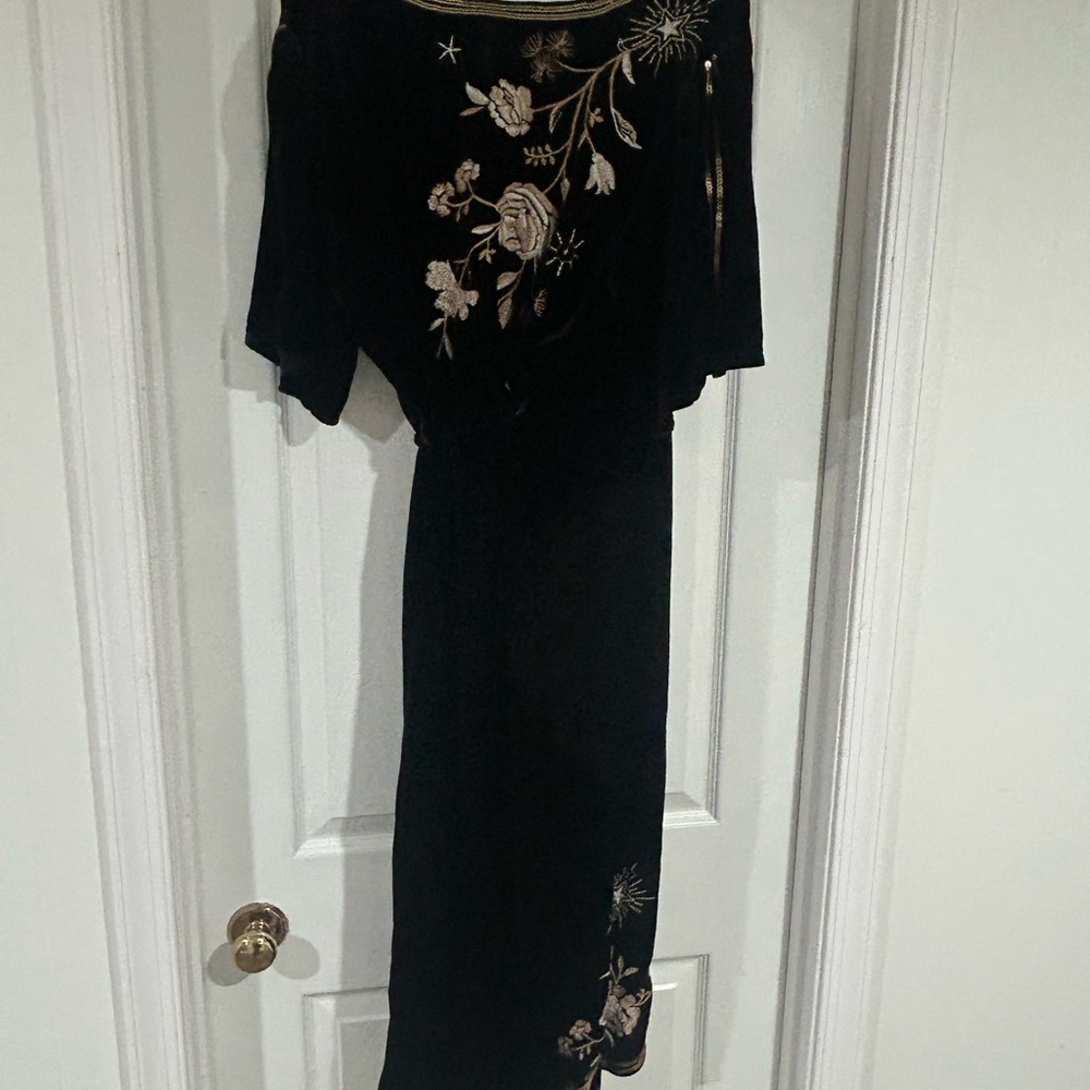 Johnny Was Black Velvet Midi Dress with Gold Floral Embroidery - Picture 4 of 6